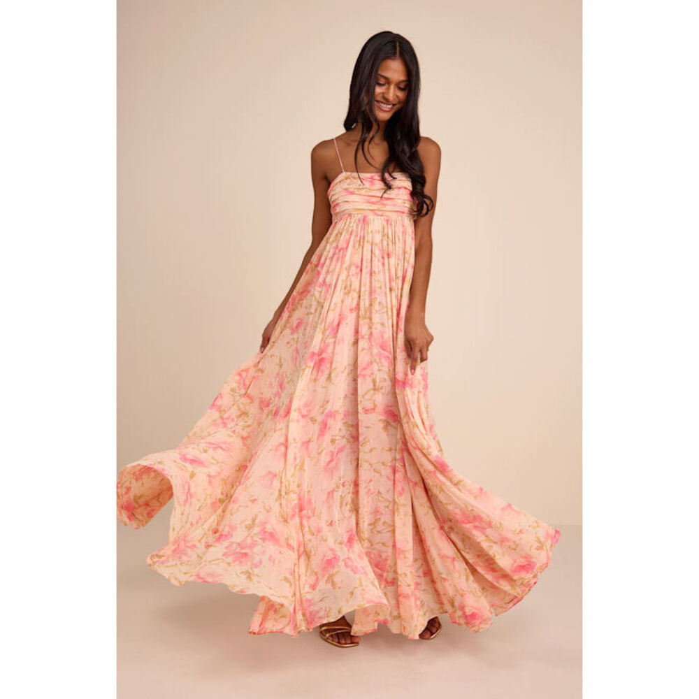 Lulus Dansa Blush Multi Floral Pleated Maxi Dress Pink - Size M - Picture 1 of 1